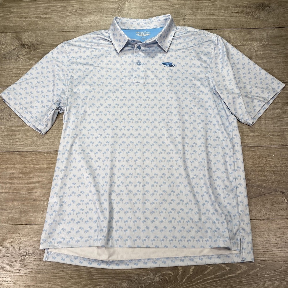 Straight Down Polo Shirt Mens XL White Blue Palm Tree Golf Performance Top